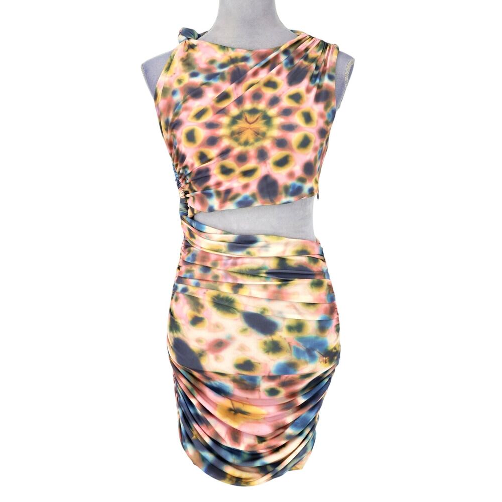 Zara Dress Womens Small Pink Blue BodyCon Stretch Knit Lined Ruched Open Waist